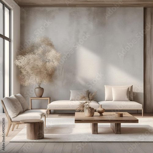 Aesthetic elegant minimalist japandi interior design. Clear mock up empty wall for decoration. Copy space. Neutral palette of natural colors. photo