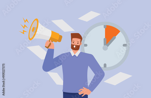 Man making announcement  deadline with megaphone. Character vector design. Flat illustration style.