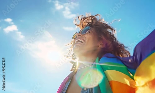 Una mujer feliz ríe contra el cielo azul y el sol. La bandera del arcoíris ondea photo