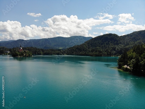 Arial footage over blue waters of Lake Bled