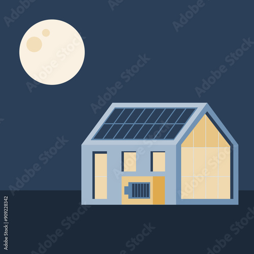 Simple illustration of eco friendly house using solar energy during the night. Building using pv modules, renewable energy storage and efficient energy management.