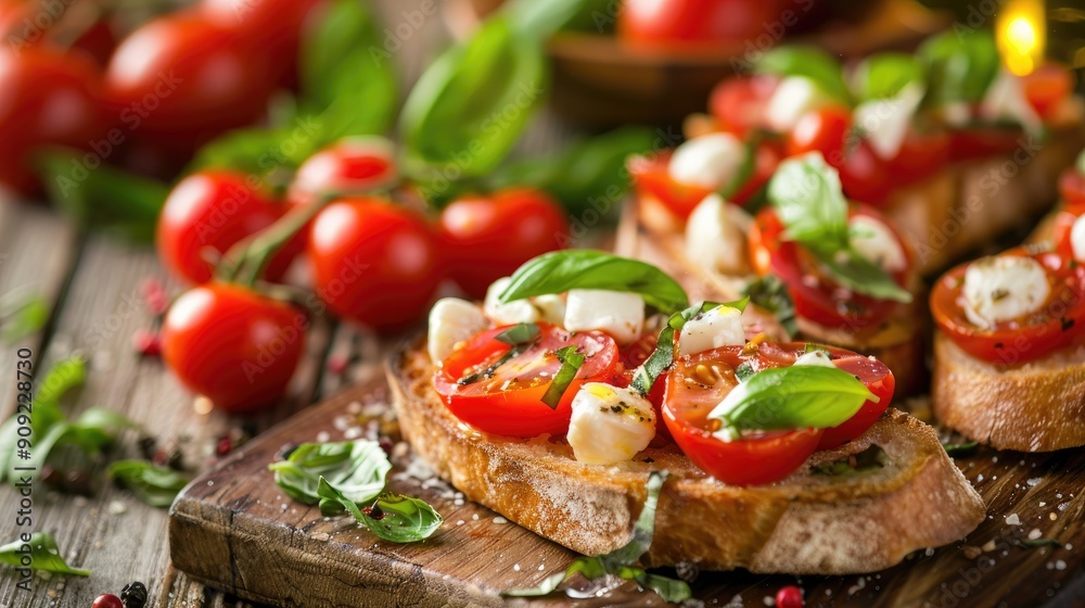 Bruschetta with cherry tomatoes and mozzarella on wooden table selective focus Bruschetta with cherry tomatoes and mozzarella on wooden table selective focus