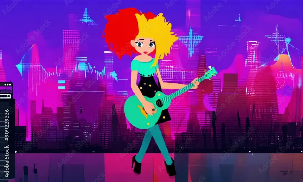 Mujer tocando la guitarra abstracta. Fondo de animación de dibujos animados abstractos. Mujer tocando la guitarra abstracta. Fondo de animación de dibujos animados abstractos.