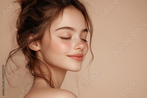 A close up of a girl's face with her eyes closed