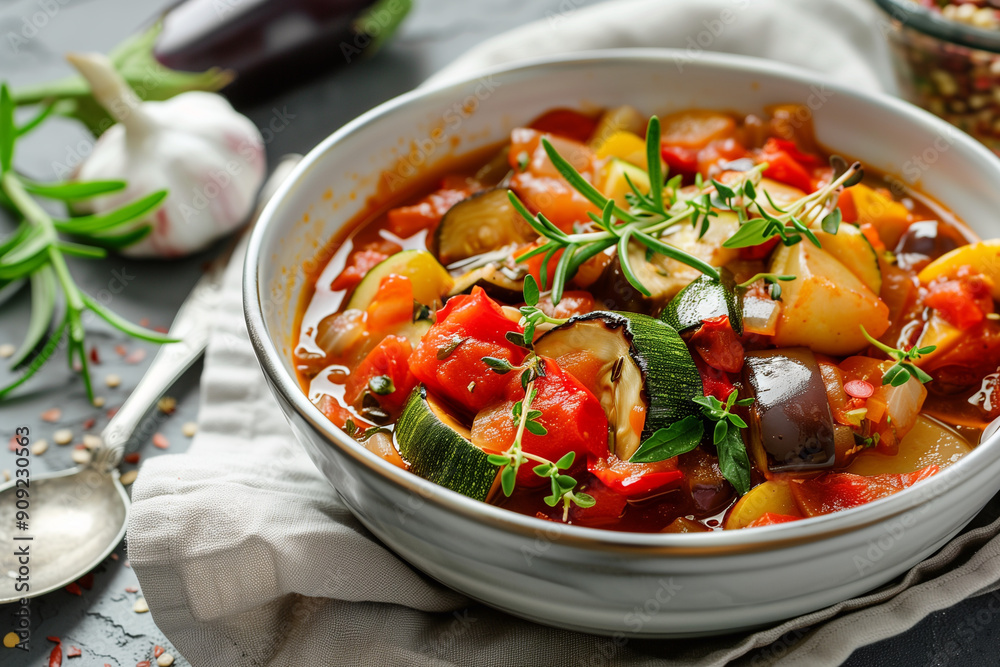 Frying pan with tasty ratatouille. French cuisine. Frying pan with tasty ratatouille. French cuisine.