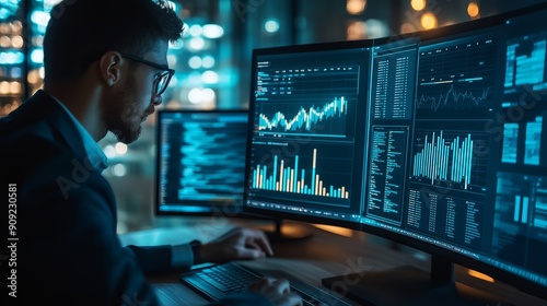 An analyst works with a business analytics and data management system on a computer to create reports with KPIs and metrics connected to a database This involves corporate strategy for