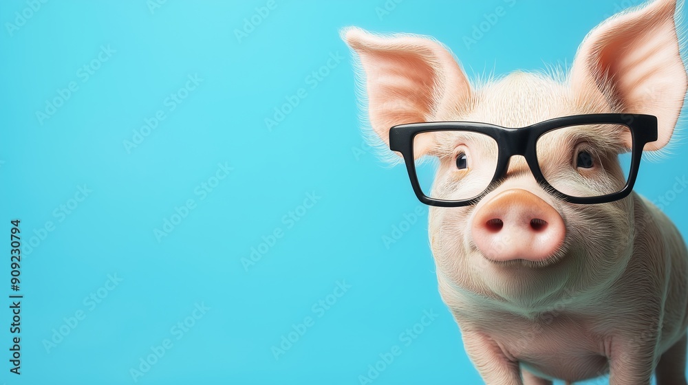 A pig wearing glasses is standing in front of a blue background. The pig's eyes are wide open, and it is looking directly at the camera. Concept of curiosity and playfulness A pig wearing glasses is standing in front of a blue background. The pig's eyes are wide open, and it is looking directly at the camera. Concept of curiosity and playfulness