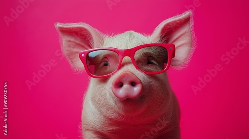 A pig wearing sunglasses and glasses is standing in front of a pink background. The pig's eyes are closed, and it is posing for a photo. Scene is playful and lighthearted photo