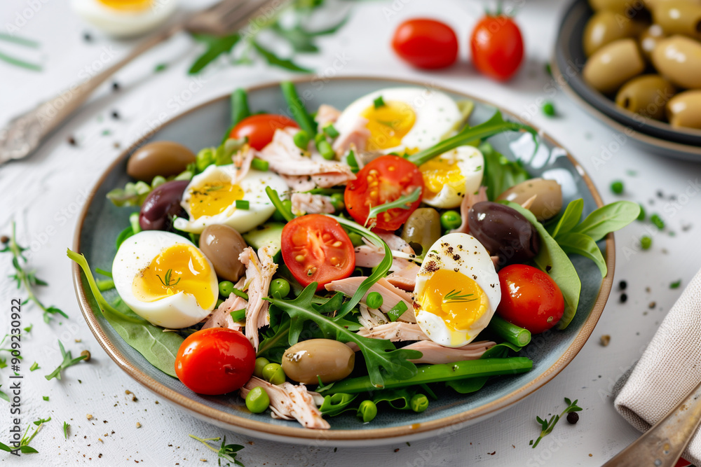 French salad Nicoise with tuna, eggs, green beans, tomatoes, olives, lettuce and anchovies. French salad Nicoise with tuna, eggs, green beans, tomatoes, olives, lettuce and anchovies.