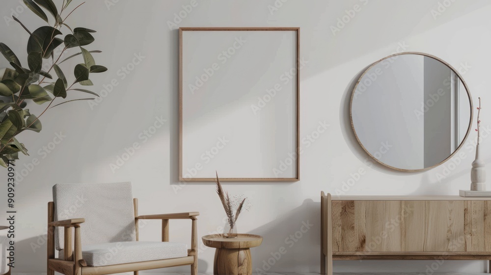Room with Blank White Wood Framed Poster Decoration. AI generated image Room with Blank White Wood Framed Poster Decoration. AI generated image