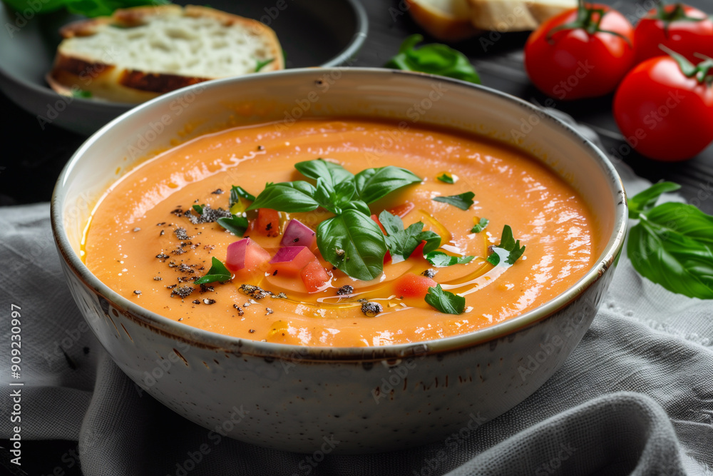 Salmorejo - raw tomato soup with ingredients on a kitchen table, spanish cuisine for hot summer.