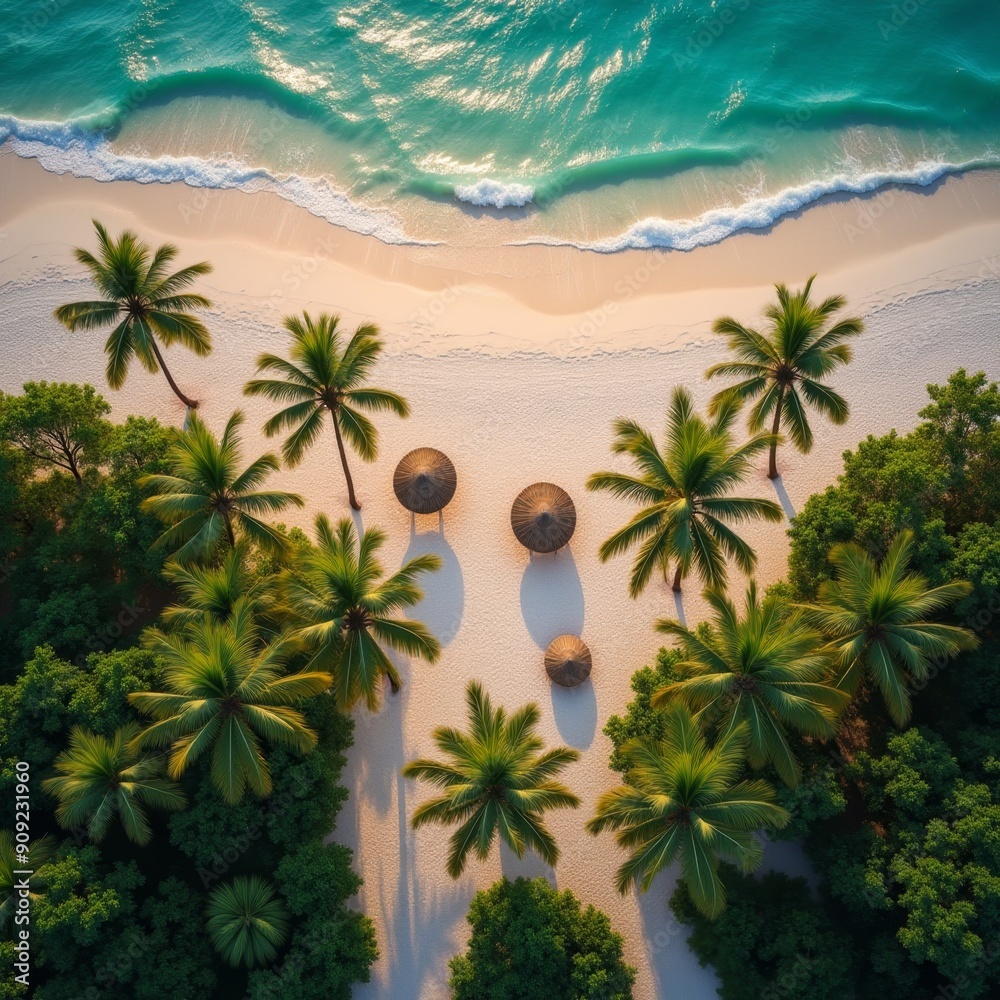 Fototapeta premium photo of aerial top view of sea and sand and palm tree and umbrella, generative AI