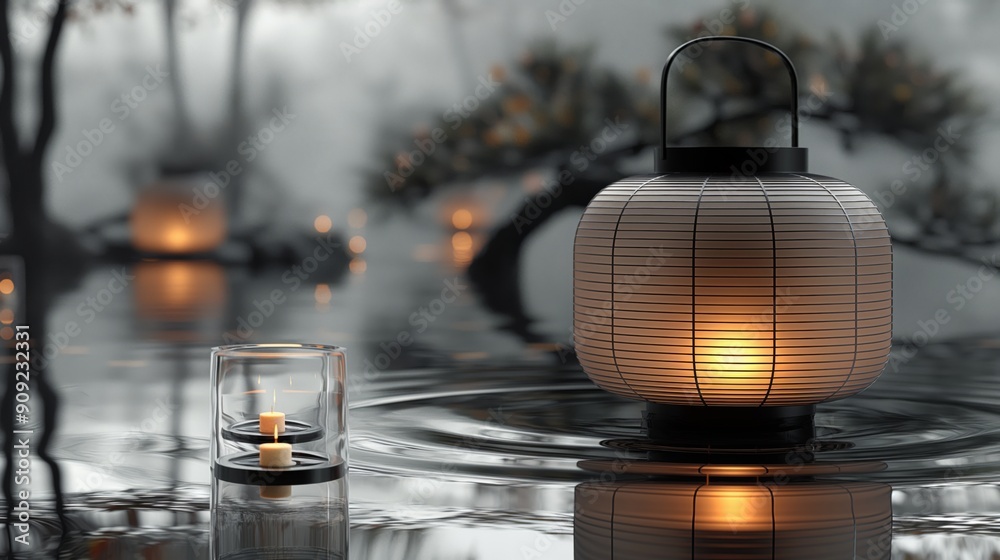 Elegant Japanese lanterns floating on water amidst a tranquil garden landscape. Elegant Japanese lanterns floating on water amidst a tranquil garden landscape.