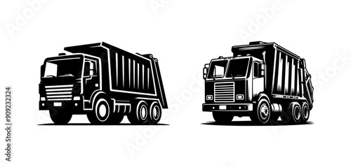 illustration of garbage truck - black on white color