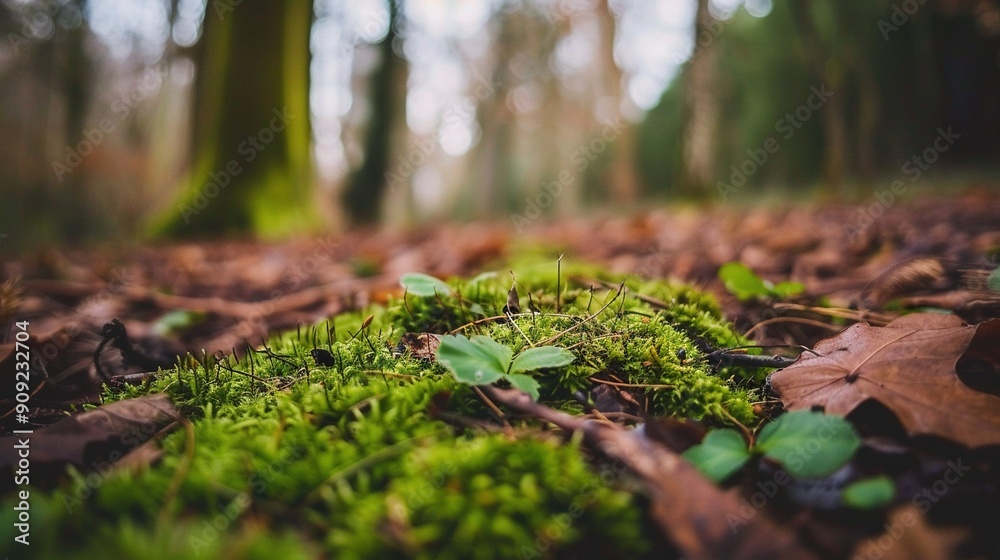 Green moss on forest floor with trees behind Green moss on forest floor with trees behind