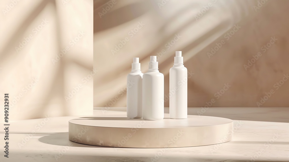 Elegant arrangement of three white bottles on a minimalistic display, highlighting modern aesthetics and soft lighting. Elegant arrangement of three white bottles on a minimalistic display, highlighting modern aesthetics and soft lighting.