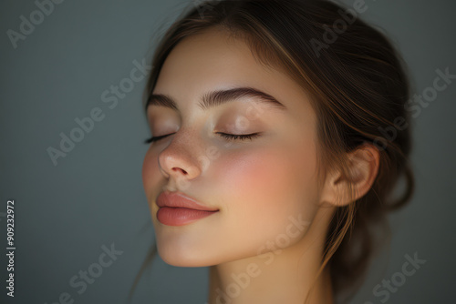 A close up of a girl's face with her eyes closed