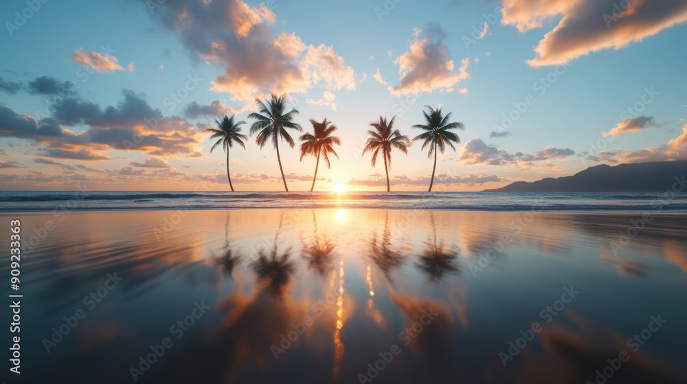 A fiery sunset casting long shadows over the beach, with a silhouette of palm trees and a fiery sky reflected in the ocean. A fiery sunset casting long shadows over the beach, with a silhouette of palm trees and a fiery sky reflected in the ocean.