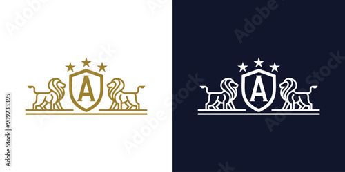 Luxury Lion crest heraldry logo. Elegant gold heraldic shield icon. Premium brand identity emblem