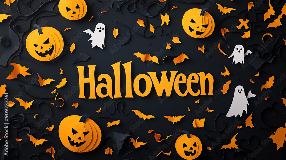 halloween inscription on the background of festive decor, postcard