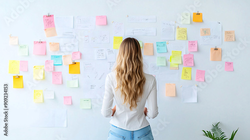 A woman stands in front of a wall covered in colorful sticky notes. She is looking at the wall, possibly trying to organize her thoughts or ideas. The wall is filled with various notes.