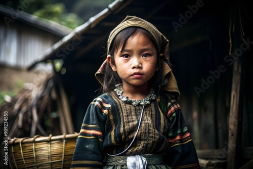 A girl in traditional dress near her house