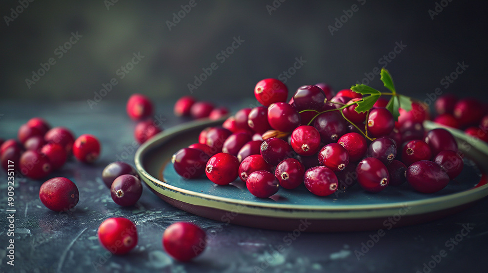 A platter of cranberries on a table beside a cranberry bowl A platter of cranberries on a table beside a cranberry bowl