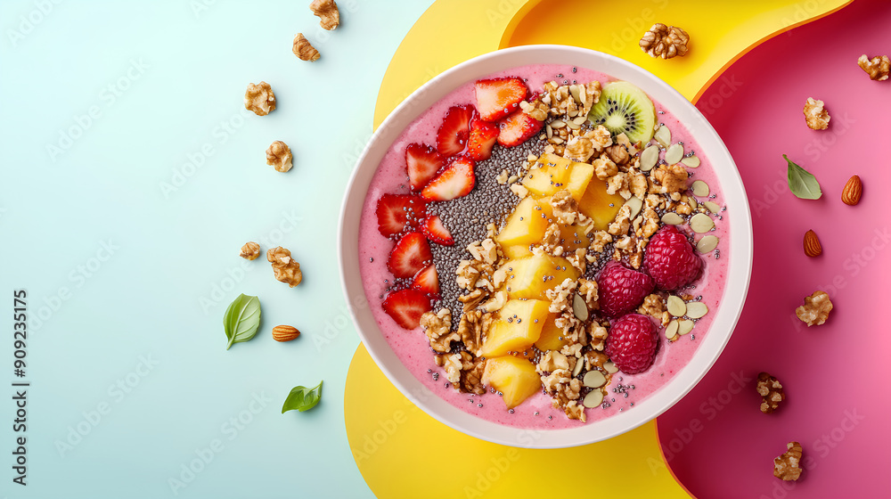 Colorful smoothie bowl with chia seeds, nuts and fruits on a pastel background. Colorful smoothie bowl with chia seeds, nuts and fruits on a pastel background.