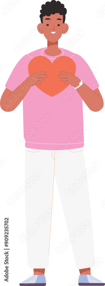 Obraz premium Young black man with heart. Volunteer character. Charity icon