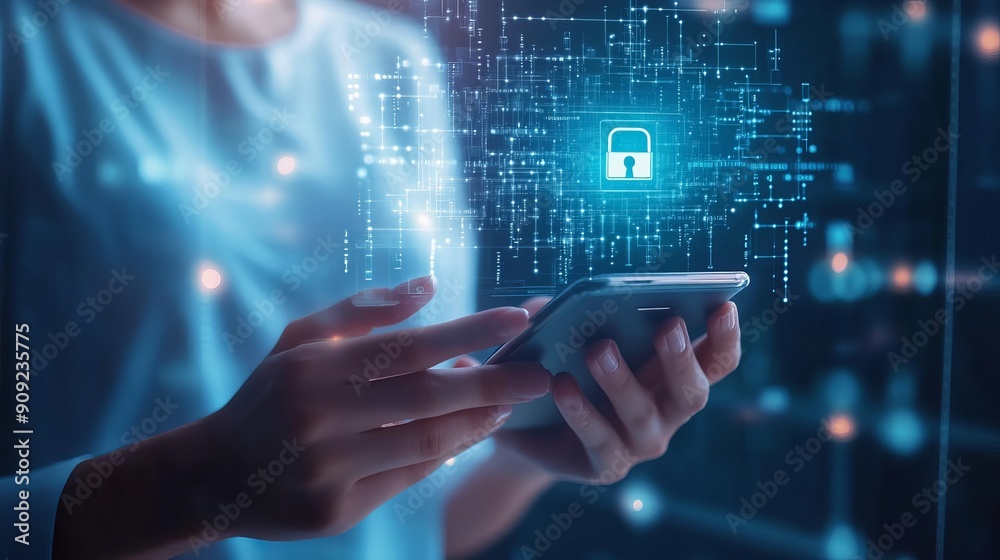 Cybersecurity privacy concept with a lock icon and internet network secure technology to protect data information as a businessman demonstrates personal data info protection on a Cybersecurity privacy concept with a lock icon and internet network secure technology to protect data information as a businessman demonstrates personal data info protection on a
