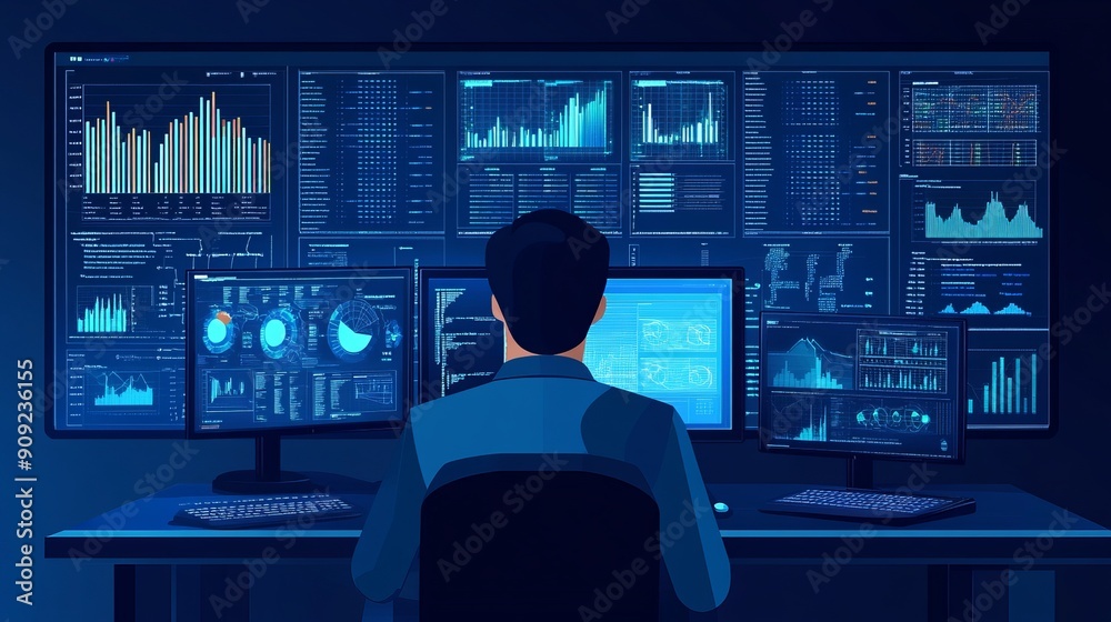 Data analysis science and big data utilizing AI technology An analyst or scientist uses a computer and dashboard to analyze complex data sets working as an insights development engineer Data analysis science and big data utilizing AI technology An analyst or scientist uses a computer and dashboard to analyze complex data sets working as an insights development engineer