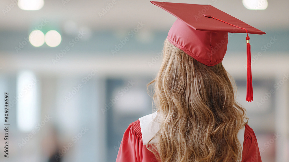 A woman wearing a red graduation cap and gown stands in front of a wall ...