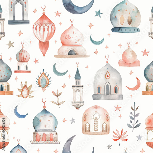 Watercolor pattern with Islamic architecture, mosques, crescent moons, stars, background