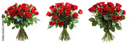 Set of A romantic gift of fresh red roses in full bloom, arranged in a bouquet  isolated on transparent background