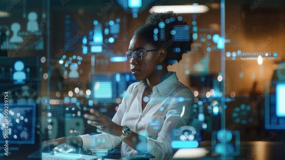 black woman working in office with digital technology