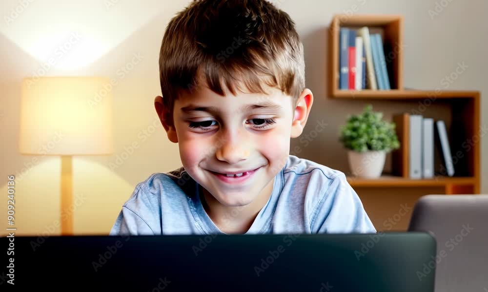 Cute little boy using a laptop computer at home in the living room Cute little boy using a laptop computer at home in the living room