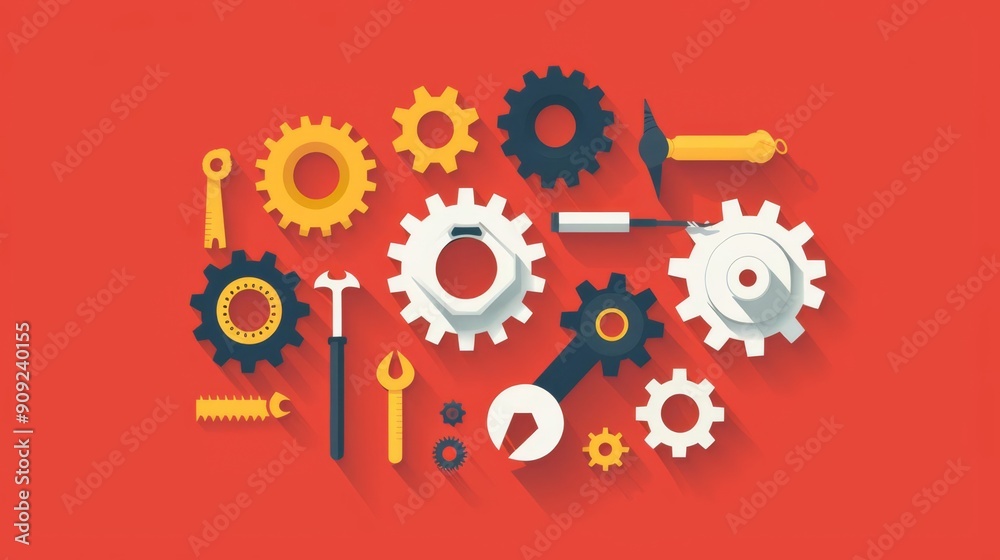 Product development, gears and tools, flat design illustration
