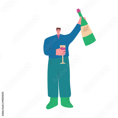 Man makes a toast at a party. Wine lover. Cute character with alcohol beverage. Vector hand drawn illustration isolated on white background.