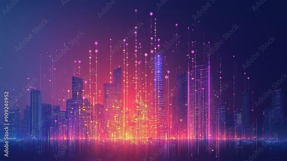 Smart city design with abstract dot points connected by gradient lines and an intricate wave line aesthetic illustrating a big data connection technology concept Smart city design with abstract dot points connected by gradient lines and an intricate wave line aesthetic illustrating a big data connection technology concept