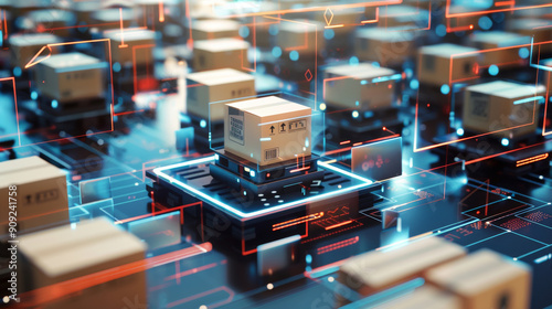Smart Logistics Hub: A 3D rendering of cardboard boxes moving on a futuristic conveyor belt, illuminating the efficiency of AI-powered supply chain management. 
