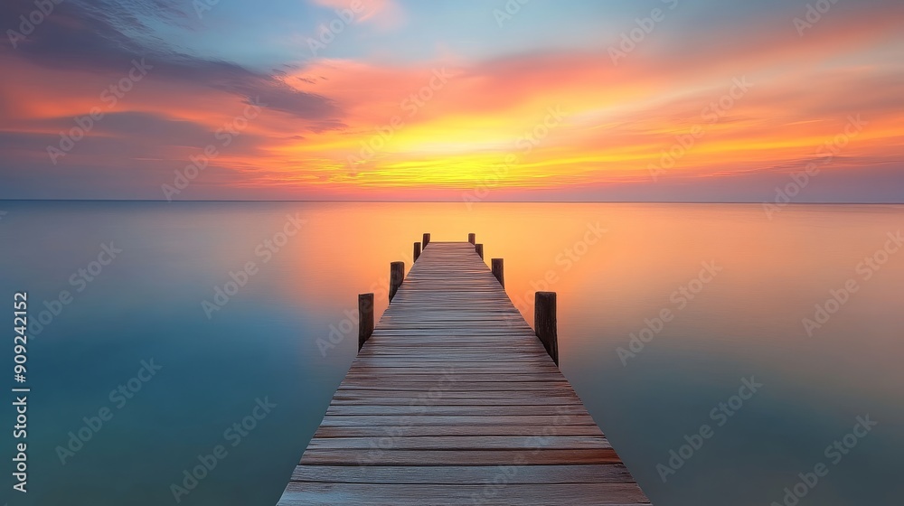 Wooden pier leading into calm sea during vibrant sunset, tranquil seascape. Relaxation and serenity concept Wooden pier leading into calm sea during vibrant sunset, tranquil seascape. Relaxation and serenity concept