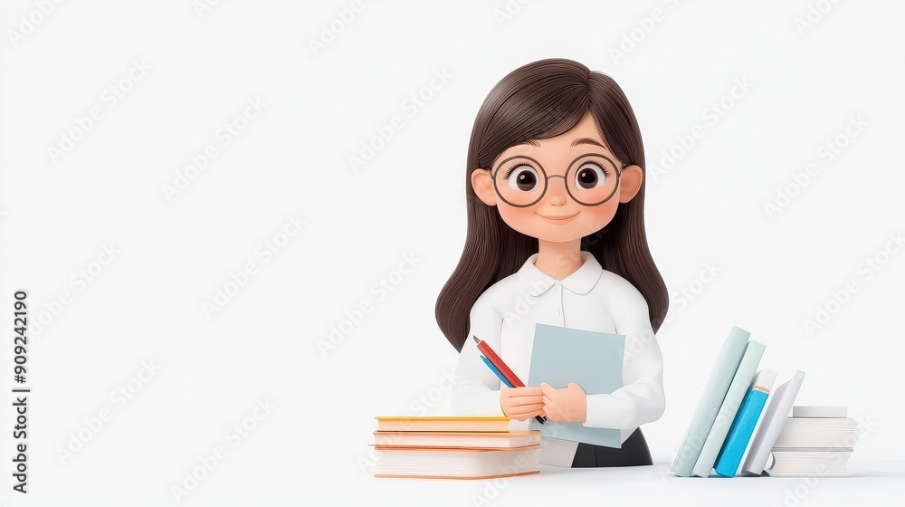 A cheerful student with glasses holds books and stationery, surrounded by educational materials on a plain background. A cheerful student with glasses holds books and stationery, surrounded by educational materials on a plain background.