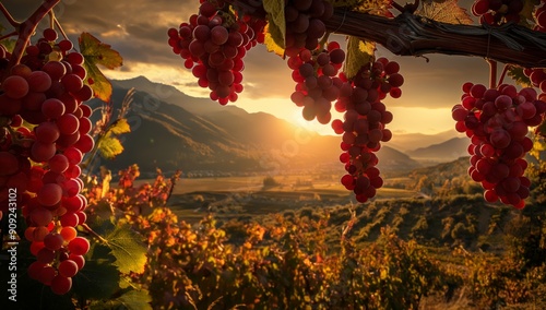 Scenic vineyard with ripe red grapes on vines, golden autumn leaves, and a stunning sunset
