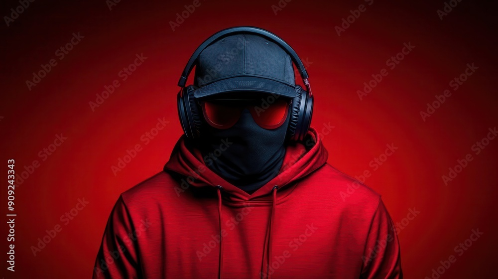 Mysterious figure in red hoodie and headphones, exuding an enigmatic vibe against a dark background. Mysterious figure in red hoodie and headphones, exuding an enigmatic vibe against a dark background.