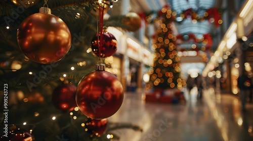 Festive Holiday Season Opening with Decorative Ornaments and Lights in a Bustling Retail District