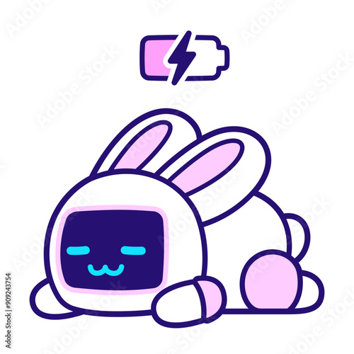 Cute cartoon robot bunny sleeping and charging