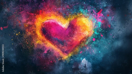 Glowing Neon Heart Watercolor Splash - Abstract Digital Art