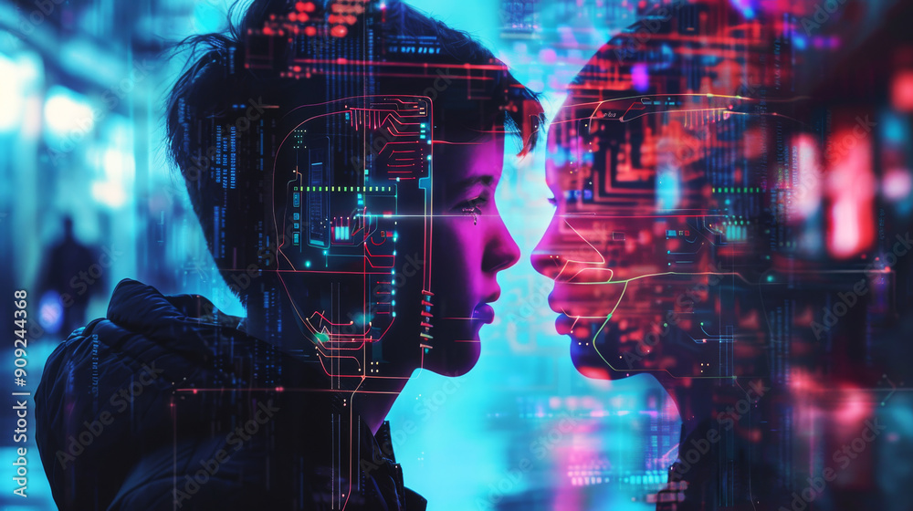 Digital Intimacy: A futuristic portrait of two lovers, their faces illuminated by a kaleidoscope of data streams, embracing amidst the neon glow of a cyberpunk city. Digital Intimacy: A futuristic portrait of two lovers, their faces illuminated by a kaleidoscope of data streams, embracing amidst the neon glow of a cyberpunk city.