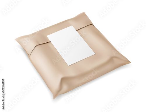 Kraft paper mailing bag with sticker. Mail envelope for international shipping. Parcel delivery. Packaging mockup isolated on white transparent background. Vector illustration.