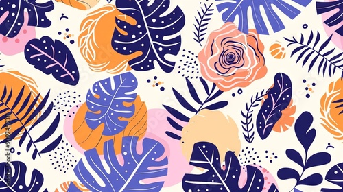   Tropical leaves and flowers on a pink, blue, yellow, and orange background with dots